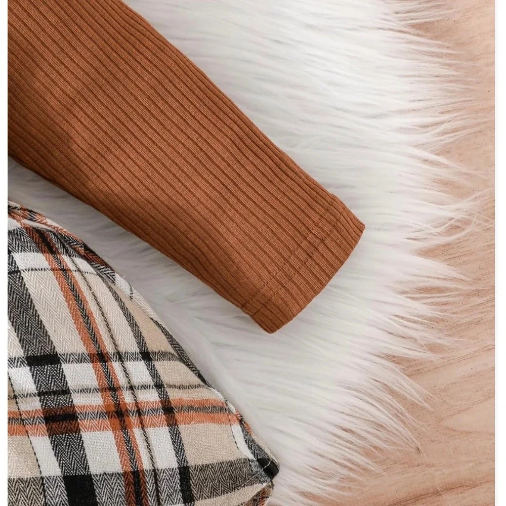 Baby Girls Rust Brown‎ Ribbed Top and Plaid Skirt Set 3-Piece Outfit 6-9 Months